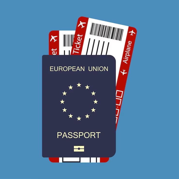 Pasaporte europeo y billetes de avión como símbolo de las oportunidades de movilidad